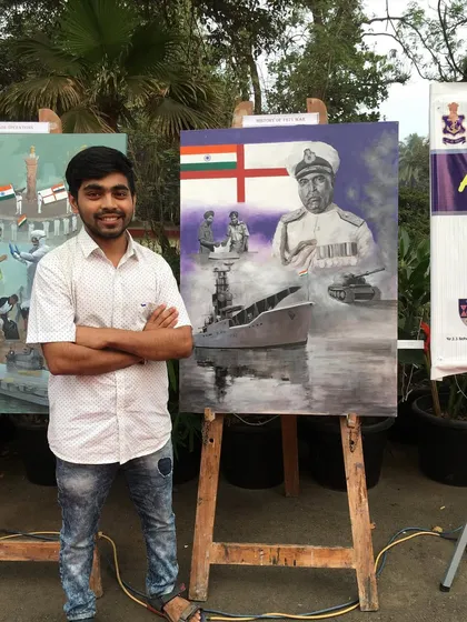 This was a proud moment, standing with my completed painting for the Indian Navy Day event at INS Hamla. The subject was the history of the 1971 war, and it was an honor to create a piece that pays tribute to our naval heroes.