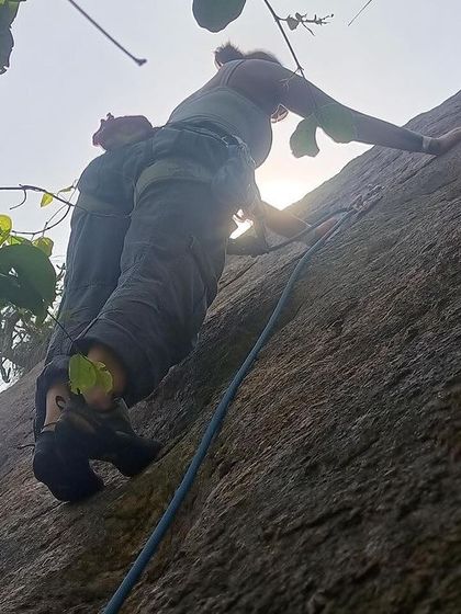 A climber on one of the new, easier multi pitch routes at Gethnaa. We are committed to creating climbs for all skill levels, helping people transition to their first leads and multi pitch adventures.
