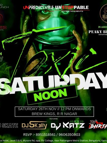 "Toxic Saturday Noon" party flyer for a grand logo launch event.