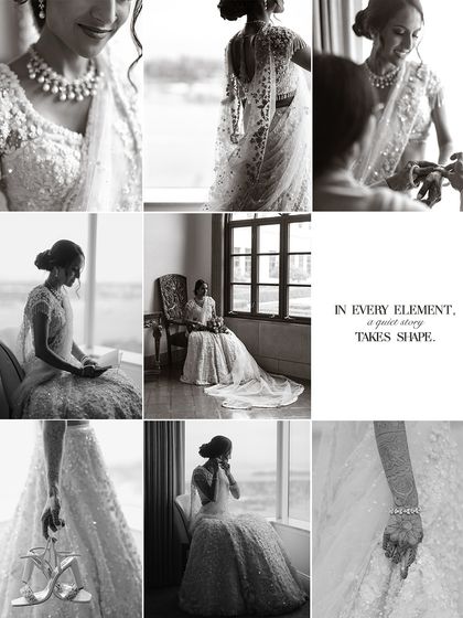 A black and white collage capturing the quiet, intimate moments of a bride getting ready. From her jewelry to her shoes, every element tells a story.