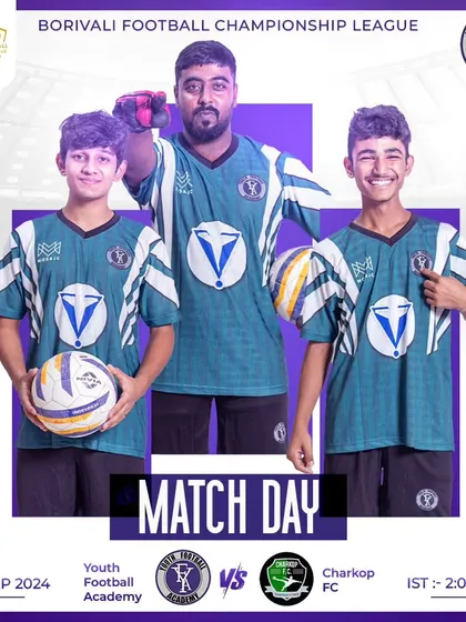 Match day graphic for our BFCL game against Charkop FC, featuring our players in the green and white kit.