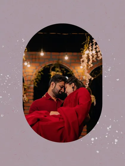 An artistic edit of a romantic pre-wedding photo, framed in an oval against a textured background.