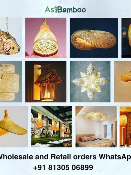 A collage showcasing the diversity of our bamboo lighting collection. It features a fish-shaped pendant, a flower-like chandelier, and various wall and ceiling lights, demonstrating our creative and artistic approach to design.