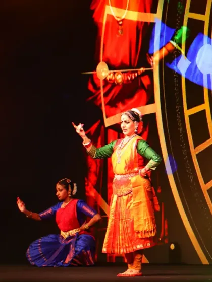 A close-up from the AWS AI Conclave performance, showing the interplay between my live dance and the digitally rendered imagery. Here, traditional mudras meet futuristic visuals, telling a story across time.