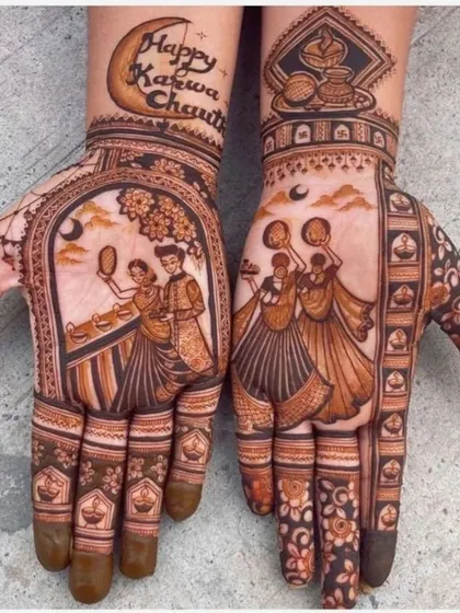 A special design created for Karva Chauth, this mehndi tells a story. It shows a couple celebrating the festival, complete with the moon and ritual elements, making it perfect for the occasion.
