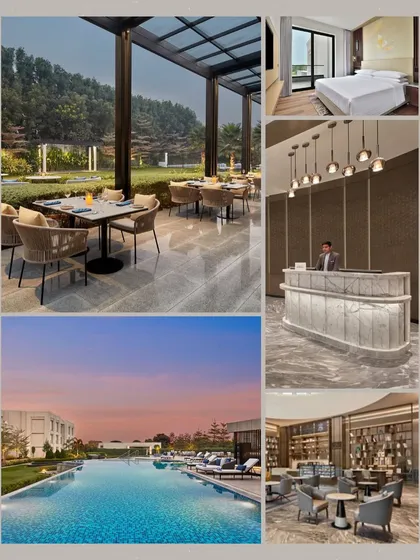 An overview of the Courtyard by Marriott in Gorakhpur. This project showcases a contemporary and serene resort experience, featuring clean architectural lines, an expansive swimming pool, and tranquil outdoor dining areas.
