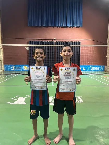 Our under-13 doubles team after reaching the semi-finals in the 36th Thane District Tournament. We are proud of their performance and teamwork.