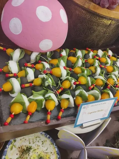 A close-up of colorful Caprese Skewers, a fresh and simple bite that's always a crowd-pleaser on my grazing tables.