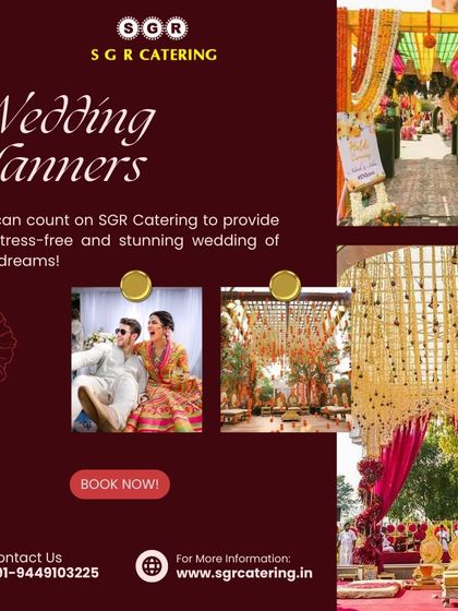 A collage showcasing various decor elements, including a colorful entrance, a mandap with hanging floral arrangements, and a beautifully decorated reception stage. We offer a wide range of decor styles to match your vision.