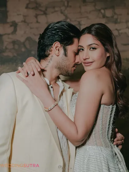 An intimate and romantic close-up of the couple. This shot focuses on their connection and the subtle emotions shared between them, creating a powerful and personal image.