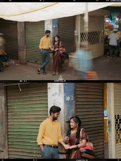 A collage of a couple's vintage market shoot, edited with a film-strip border to enhance the retro feel.