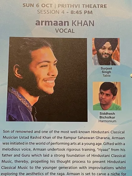 The event poster for my performance with vocalist Armaan Khan at Prithvi Theatre, a venue with a rich history of promoting the arts.