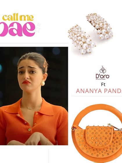 Inspired by the iconic styles in "Call Me Bae," this look pairs a simple orange top with our matching orange semi-circle mini bag and classic pearl earrings for a chic, coordinated vibe.