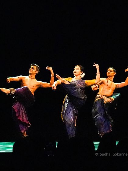 A dynamic jump sequence from 'Abha'. My choreography often blends traditional postures with athletic movements to create visually exciting and powerful moments on stage.