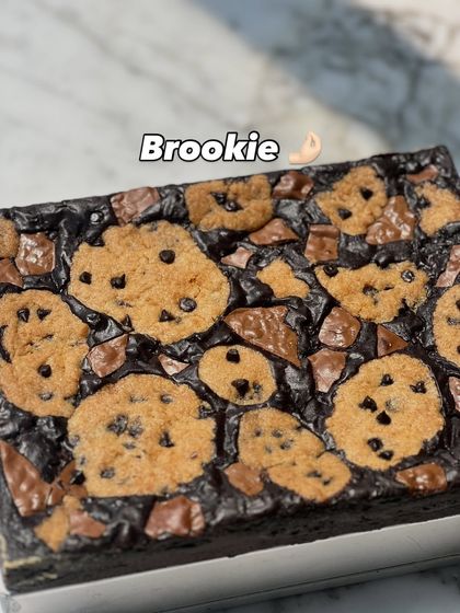 A close-up of our "Brookie" slab. You get the best of both worlds with a rich brownie and a classic cookie in one delicious square.