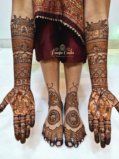 A complete bridal mehendi set for a bride who wanted to feature spiritual figures. The hands depict Ram-Sita and Shiv-Parvati, while the feet have a beautiful, complementary design.