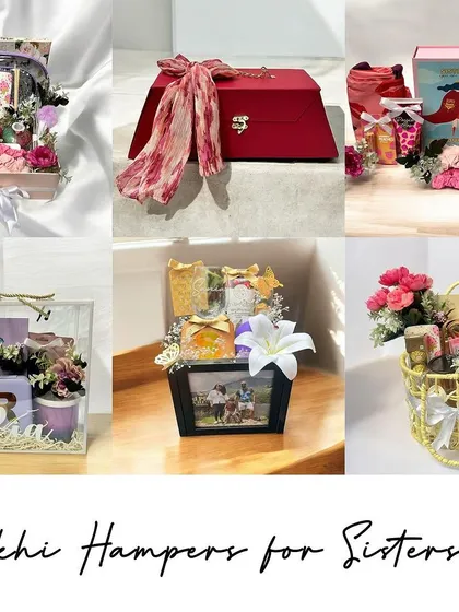 A glimpse into the variety of Rakhi hampers I create for sisters. This collage shows different packaging styles, from elegant red trunks and acrylic boxes to personalized photo frames and baskets.