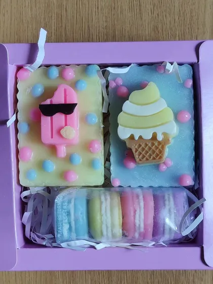 An ice cream and macarons themed gift set, perfect for a summer birthday.