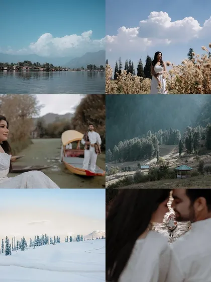 A collage showcasing the diverse and stunning landscapes of Kashmir for a pre-wedding shoot, from shikara rides on Dal Lake to snowy mountain peaks.