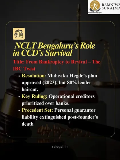 The NCLT Bengaluru played a key role in CCD's survival by approving a resolution plan and setting a precedent on personal guarantor liability after a founder's death. We leverage such key rulings to build strong cases for our clients.