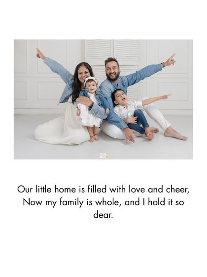 A playful family pose, with everyone pointing in different directions, capturing the fun and dynamic energy of this family of four.