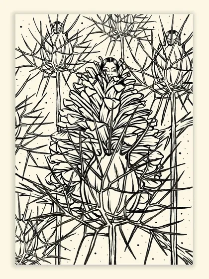 The black and white ink version of 'Self-preservation,' highlighting the intricate line work and the stark contrast between the protective thorns and the serene figure within.