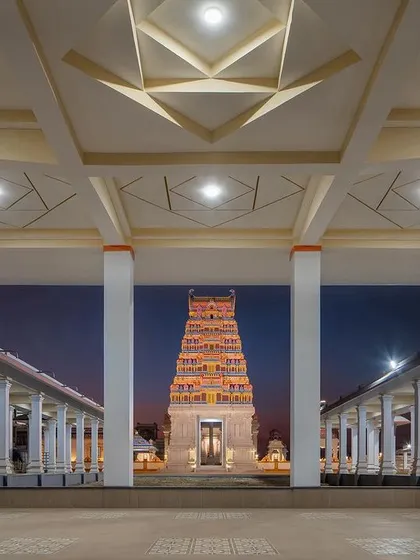 For the Shiva Temple Complex, I aimed to create a modern spiritual journey rooted in tradition. This view from the entry pavilion frames the main temple at dusk, using contemporary design to evoke a sense of timeless reverence and tranquility.