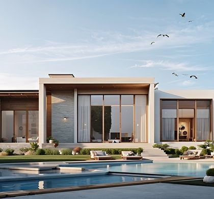 The backyard of this modern villa is an entertainer's dream, with a large pool, multiple seating areas, and a seamless transition from the interior living spaces.