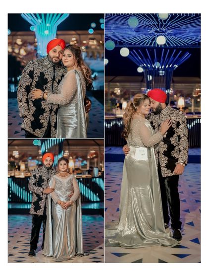 A collage showcasing Gurbani and Gurneet's glamorous engagement look. The couple poses against a modern, electric blue backdrop, highlighting their stylish and coordinated outfits.