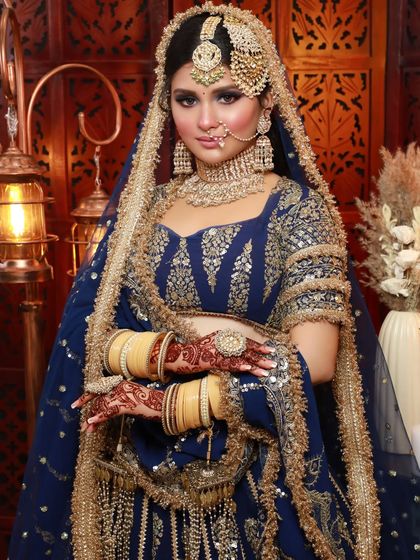 A full view of the royal blue lehenga look. The heavy gold embroidery and jewelry are balanced with a strong, confident makeup style.