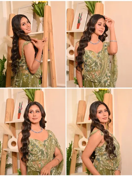 A four-part collage showing different angles of the soft glam look, highlighting the beautiful hair and makeup.