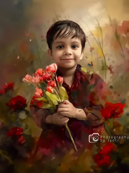A painterly portrait of a young boy holding a bouquet of red flowers. This artistic style is perfect for creating a standout piece of wall art for your home.