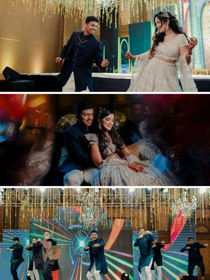 A collage from a grand Sangeet night, showing the couple's dance performance, a creative portrait, and the groomsmen's energetic group dance on a large LED stage.