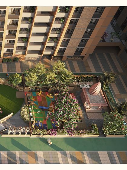 Another top-down view showing the careful hierarchy of spaces, from the active play zone to the serene temple area, all connected by lush greenery.