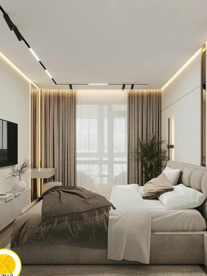 A full view of this luxurious bedroom, showcasing the high-end finishes and thoughtful lighting design.