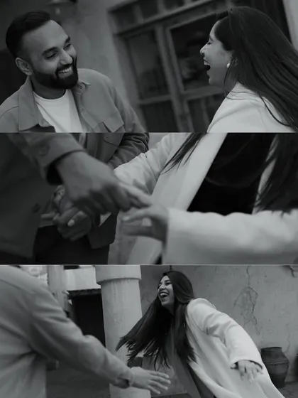 A black and white collage capturing pure, uninhibited laughter. These shots from Dubai are all about the joy and fun of the moment, showcasing the couple's playful side.