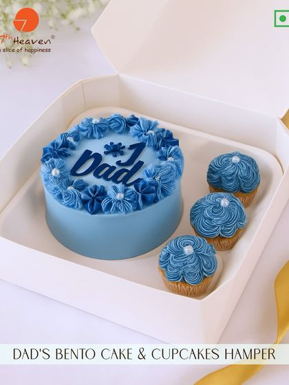 A beautiful blue bento cake and matching cupcakes in a hamper, with the message "I ❤️ Dad," perfect for Father's Day.