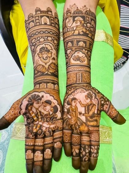 A romantic theme featuring a couple in a loving pose on the palms, with elephants and wedding rituals depicted on the arms.