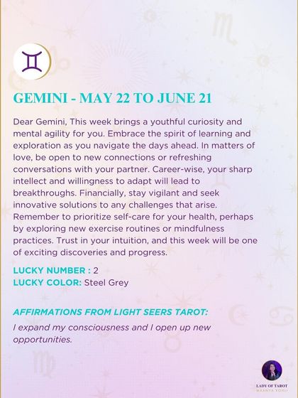This weekly tarot prediction for Gemini highlights a period of youthful curiosity and mental agility. It's an encouragement to embrace learning and be open to new connections.