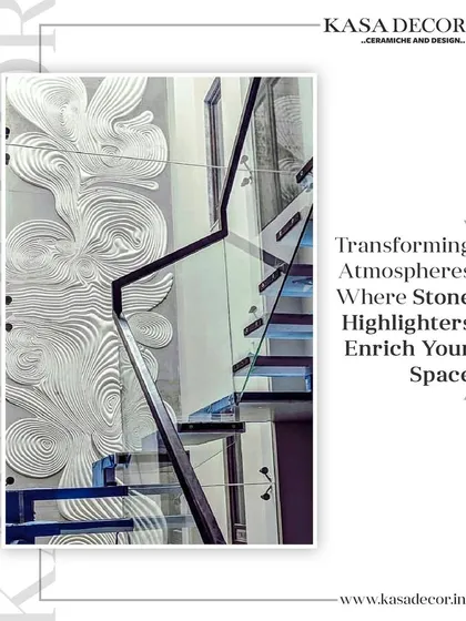A stone highlighter wall with a swirling, organic pattern installed next to a staircase. This shows how a textured surface can transform a transitional space like a stairway into an artistic journey.