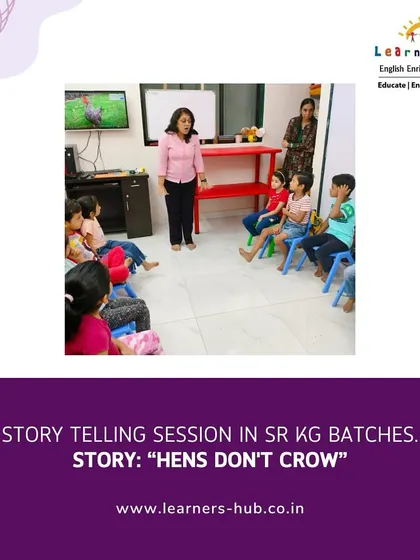 A wider view of our storytelling session. You can see how all the children are captivated by the story. These sessions are not just for fun; they improve vocabulary, comprehension, and a love for narratives.