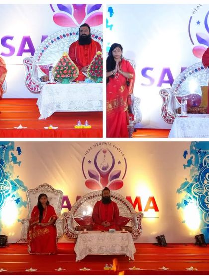 A collage capturing key moments from our Fire Meditation Event in Vijayawada. We are seen on stage addressing the participants, seated in meditation, and with the sacred fire burning, illustrating the flow of the event.