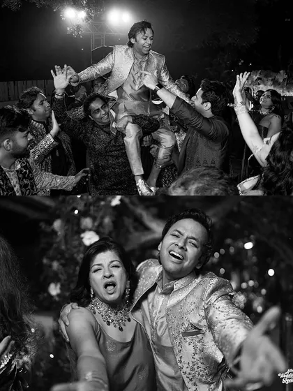 The unfiltered fun of a Sangeet night. The groom is lifted by his friends, and family members sing their hearts out on the dance floor.