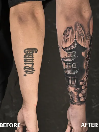Another look at this incredible before-and-after. A bold name tattoo is completely hidden beneath a detailed and dynamic Japanese-style forearm sleeve.