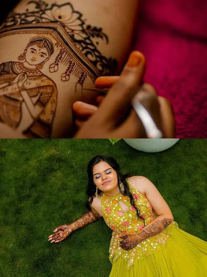 A glimpse into the process and the result. The top image shows the steady hand and precision required for portrait work, while the bottom shows the bride enjoying her beautifully completed mehendi design.