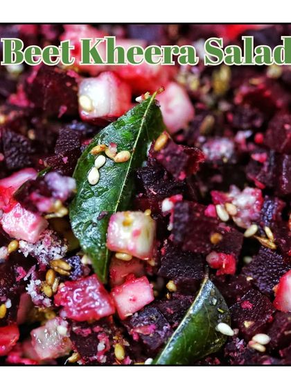 A colorful and earthy Beetroot and Cucumber Salad, seasoned with curry leaves and sesame seeds.