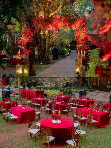 For the reception, we created a timelessly romantic atmosphere in the gardens of Alila Diwa. The decor was centered around the classic combination of red roses and soft candlelight.
