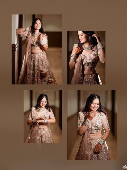A collage of the bride looking happy and radiant in her floral lehenga during her engagement festivities.