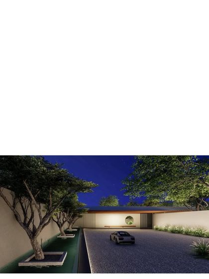 The entrance to a new family retreat, designed for relaxation and natural living. The architecture is spread across the site, using courtyards and verandahs to create distinct atmospheres.