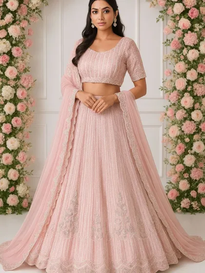 Soft, elegant, and romantic. This pastel pink lehenga with delicate beadwork is a gorgeous choice for bridesmaids, sangeet functions, or even a daytime wedding. It photographs beautifully in natural light.
